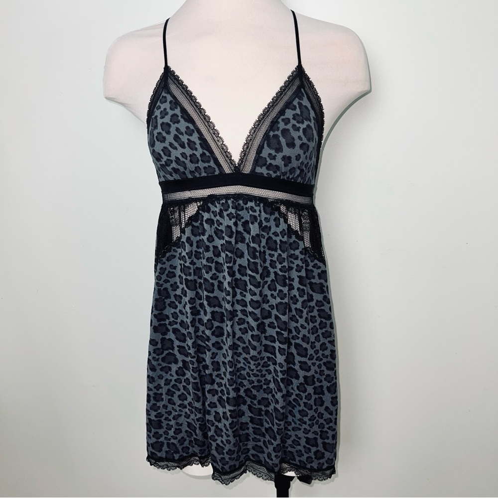 Victoria's Secret Black & Gray Leopard Print Babydoll Chemise - Size Medium